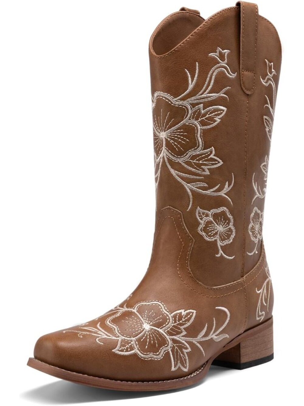 Women's Tan Faux Leather Chunky Low Heel Square Toe Western Cowgirl Heels Boot